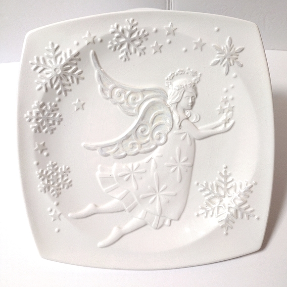 BELLA CASA Vintage Ceramic Square Serving Plate White Pearl Luster Angel by GANZ - Picture 6 of 6